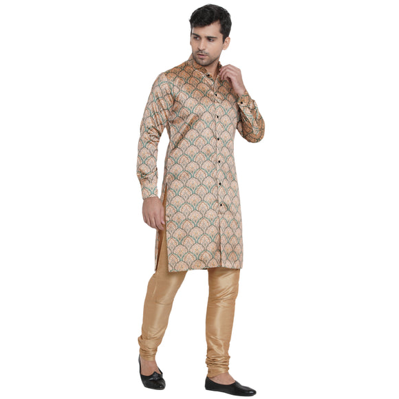 Veera Paridhaan Men's Ethnic  Beige Jacquard Multi print  Sherwani Style Long  Straight Kurta