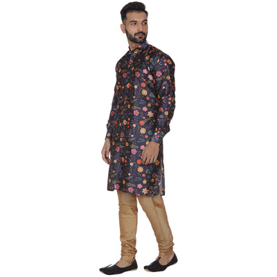 Veera Paridhaan Men's Blue Multi Print Sherwani style Long Silk Kurta and Golden Silk Payjama - 0