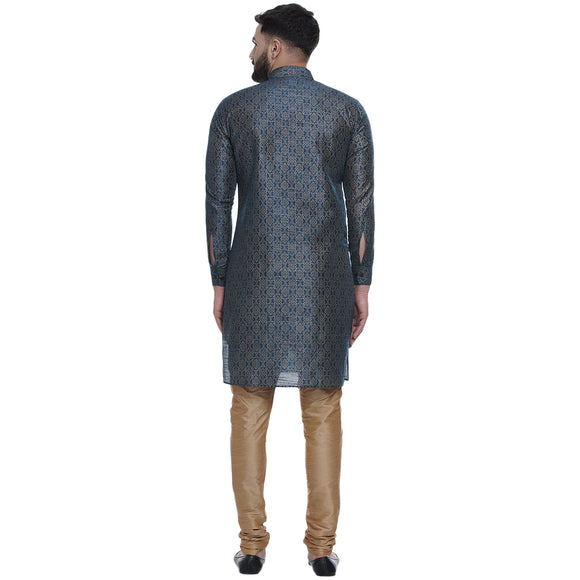 Veera Paridhaan Men's Ethnic Blue Jacquard Printed  Long  Straight Kurta