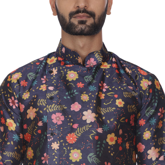 Veera Paridhaan Men's Blue Multi Print Zig Zag Long Silk Kurta