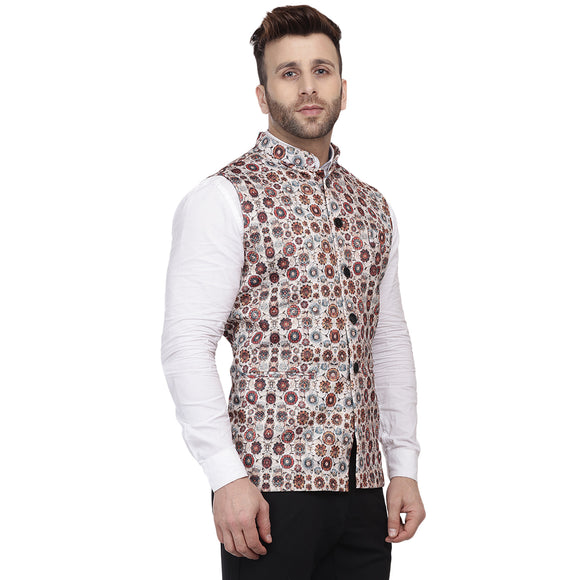 Veera Paridhaan Multi Print Pure cotton knitted Blue Nehru Jacket