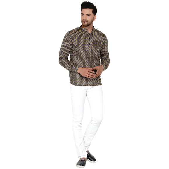 Veera Paridhaan Men's Cotton Sanganeri Printed Full Sleeve Short kurta
