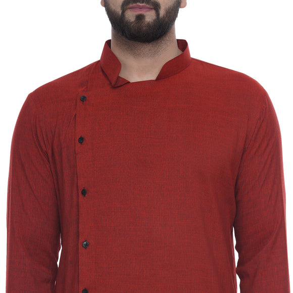 Veera Paridhaan Men's Ethnic Red Rayon Side Button Long  Straight Kurta