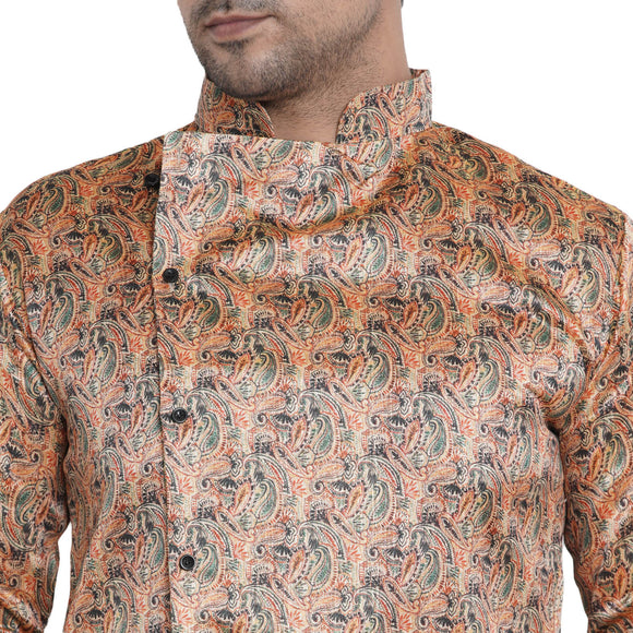Veera Paridhaan Men's Ethnic  Beige Jacquard Multi print Side Button Long  Asymmetric  Kurta