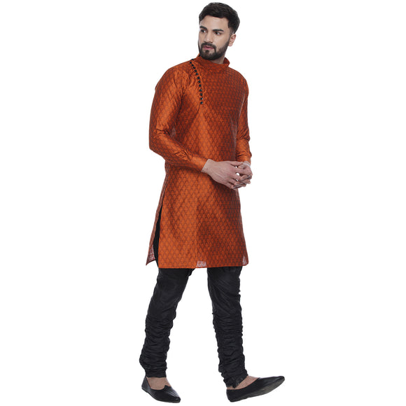 Veera Paridhaan Men's Ethnic Orange Jacquard Printed  Long  Straight Kurta
