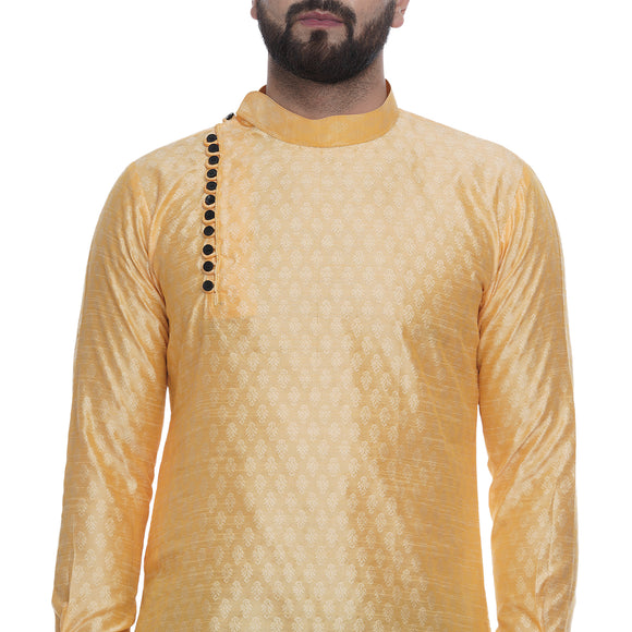 Veera Paridhaan Men's Ethnic Yellow Jacquard Printed  Long  Straight Kurta
