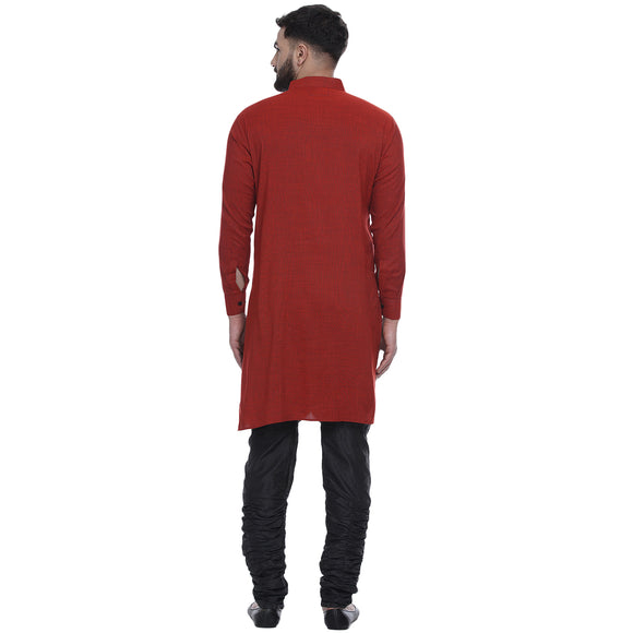 Veera Paridhaan Men's Ethnic Red Rayon Side Button Long  Straight Kurta