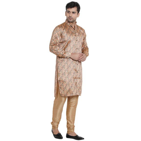 Veera Paridhaan Men's Ethnic  Beige Jacquard Multi print  Sherwani Style Long  Straight Kurta