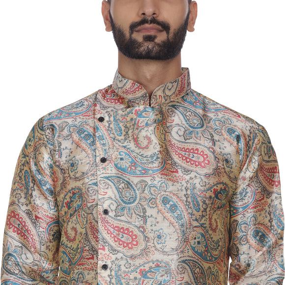 Veera Paridhaan Men's  Beige Printed Zig Zag Long Silk Kurta and Golden Silk Payjama