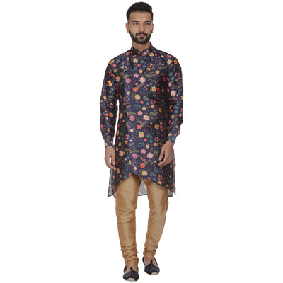 Veera Paridhaan Men's Blue Multi Print Zig Zag Long Silk Kurta and Golden Silk Payjama