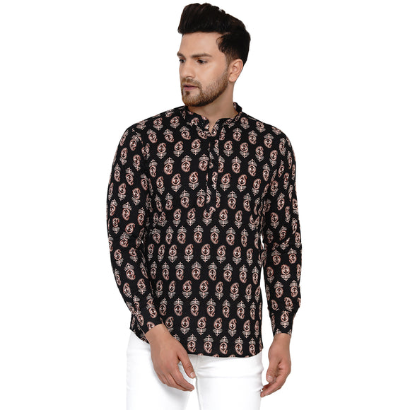 Veera Paridhaan Men's Cotton Sanganeri Printed Full Sleeve Short kurta