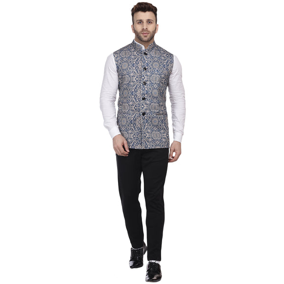 Veera Paridhaan Multi Print Pure cotton knitted Blue Nehru Jacket