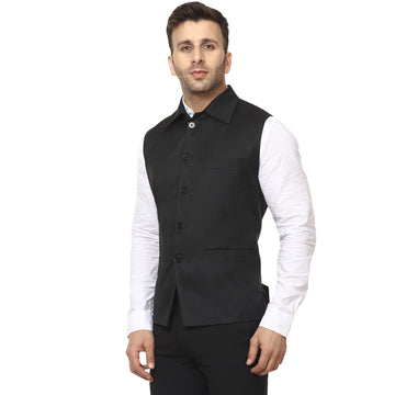 Veera Paridhaan Solid Black Cotton Poly Collared sleevless Nehru Jacket - 0