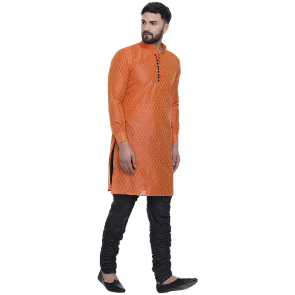 Veera Paridhaan Men's Ethnic Orange Jacquard Printed  Long  Straight Kurta