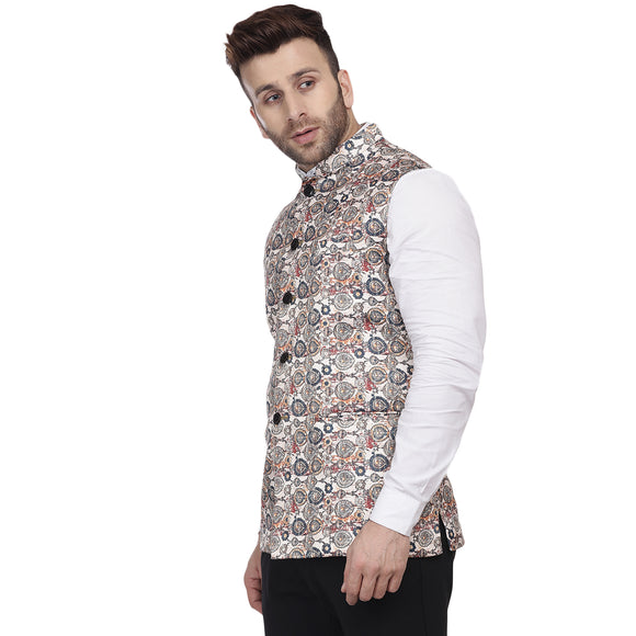 Veera Paridhaan Multi Print Pure cotton knitted Blue Nehru Jacket