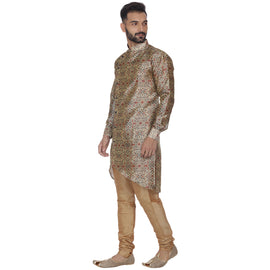 Veera Paridhaan Men's  Brown Printed Zig Zag Long Silk Kurta and Golden Silk Payjama - 0