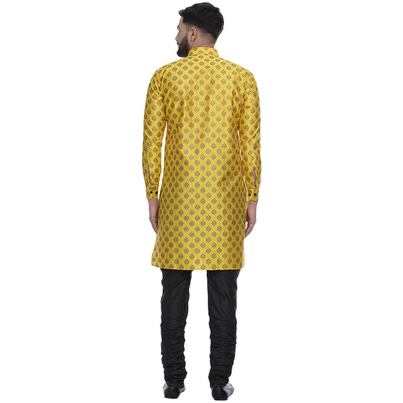 Veera Paridhaan Men's Ethnic Yellow Jacquard Printed  Long  Straight Kurta