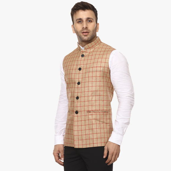 Veera Paridhaan Checkered Chinese Collar Sleeveless Cotton jute Nehru Jacket