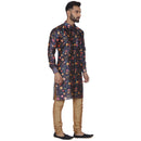 Veera Paridhaan Men's Blue Multi Print Sherwani style Long Silk Kurta and Golden Silk Payjama-3