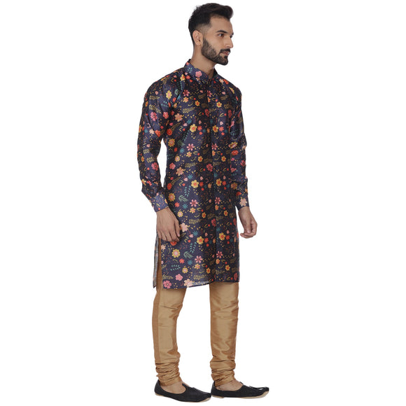 Veera Paridhaan Men's Blue Multi Print Sherwani style Long Silk Kurta and Golden Silk Payjama