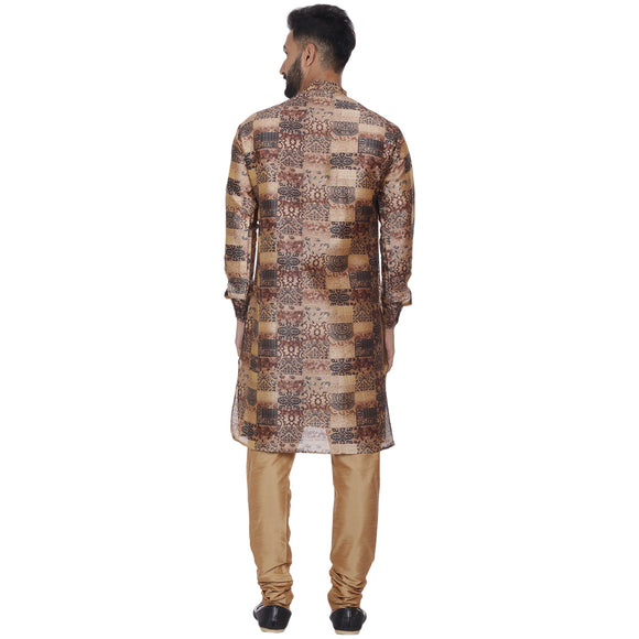 Veera Paridhaan Men's  Brown Printed Sherwani Style Long Silk Kurta and Golden Silk Payjama