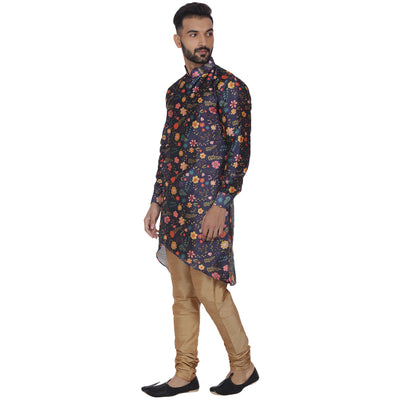Veera Paridhaan Men's Blue Multi Print Zig Zag Long Silk Kurta and Golden Silk Payjama - 0