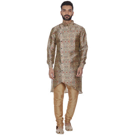 Veera Paridhaan Men's  Brown Printed Zig Zag Long Silk Kurta and Golden Silk Payjama