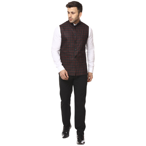 Veera Paridhaan Checkered Chinese Collar Sleeveless Cotton jute Nehru Jacket