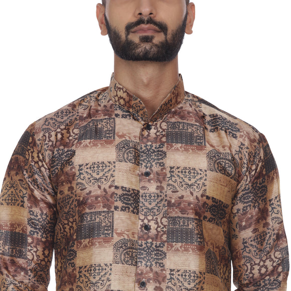 Veera Paridhaan Men's  Brown Printed Sherwani Style Long Silk Kurta