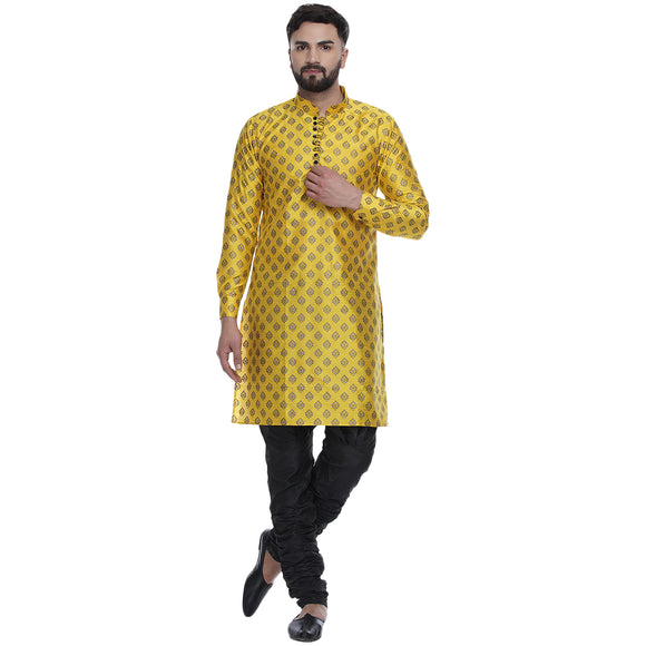 Veera Paridhaan Men's Ethnic Yellow Jacquard Printed  Long  Straight Kurta
