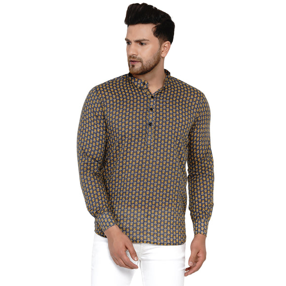 Veera Paridhaan Men's Cotton Sanganeri Printed Full Sleeve Short kurta