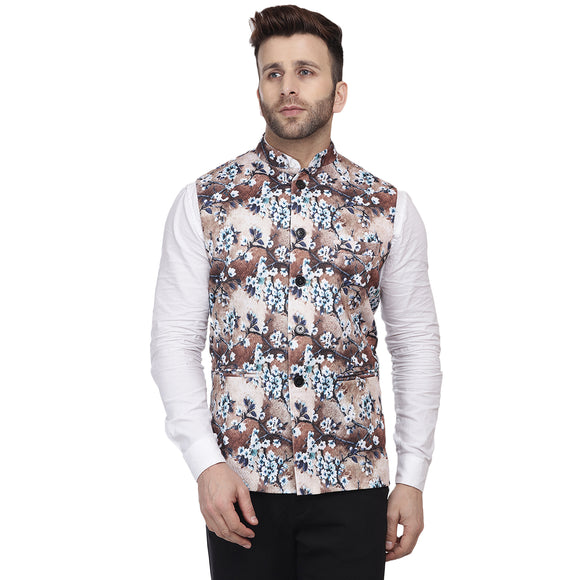 Veera Paridhaan Multi Print Pure cotton knitted Blue Nehru Jacket