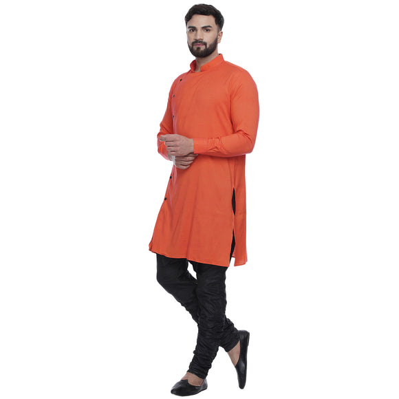 Veera Paridhaan Men's Ethnic Orange Rayon Side Button Long  Straight Kurta