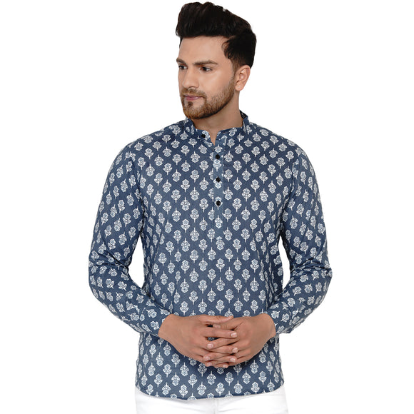 Veera Paridhaan Men's Cotton Sanganeri Printed Full Sleeve Short kurta