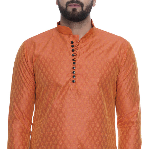 Veera Paridhaan Men's Ethnic Orange Jacquard Printed  Long  Straight Kurta