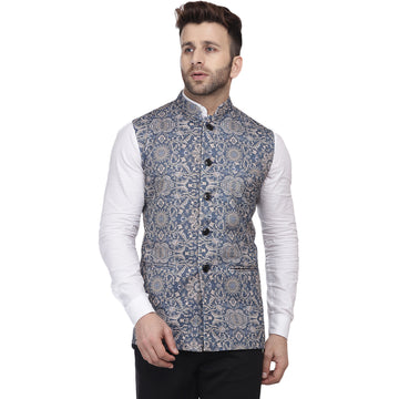 Veera Paridhaan Multi Print Pure cotton knitted Blue Nehru Jacket