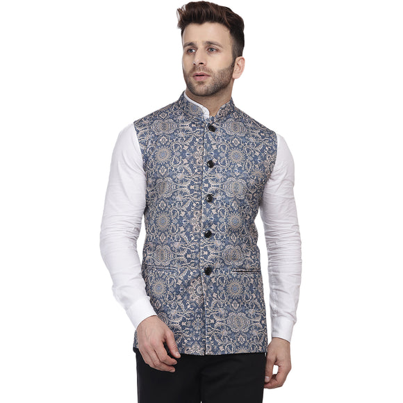 Veera Paridhaan Multi Print Pure cotton knitted Blue Nehru Jacket