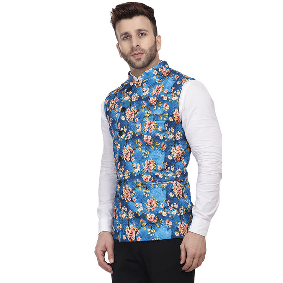 Veera Paridhaan Multi Print Pure cotton knitted Blue Nehru Jacket