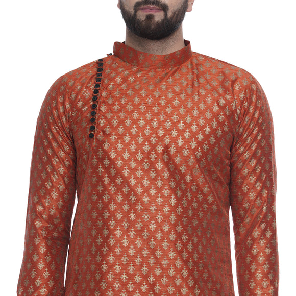 Veera Paridhaan Men's Ethnic Orange Jacquard Printed  Long  Straight Kurta