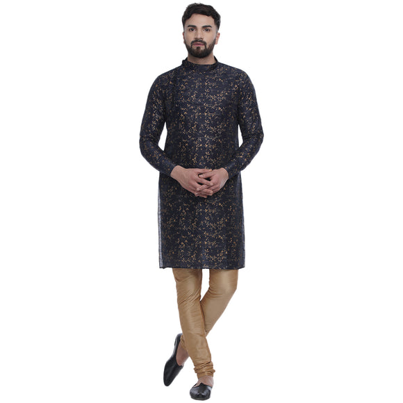 Veera Paridhaan Men's Ethnic Blue Jacquard Printed  Long  Straight Kurta