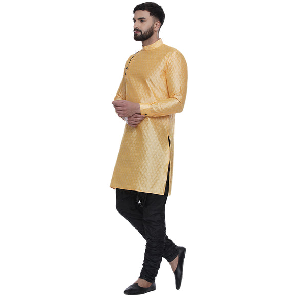 Veera Paridhaan Men's Ethnic Yellow Jacquard Printed  Long  Straight Kurta