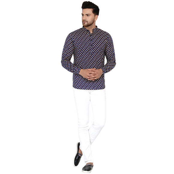 Veera Paridhaan Men's Cotton Sanganeri Printed Full Sleeve Short kurta