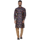 Veera Paridhaan Men's Blue Multi Print Sherwani style Long Silk Kurta and Golden Silk Payjama-1