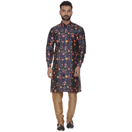 Veera Paridhaan Men's Blue Multi Print Sherwani style Long Silk Kurta and Golden Silk Payjama