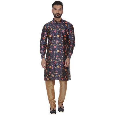 Veera Paridhaan Men's Blue Multi Print Sherwani style Long Silk Kurta and Golden Silk Payjama