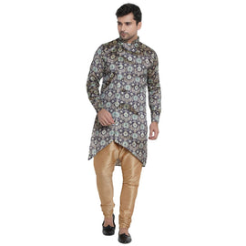 Veera Paridhaan Men's Ethnic Blue Multi print Side Button Long  Asymmetric  Kurta